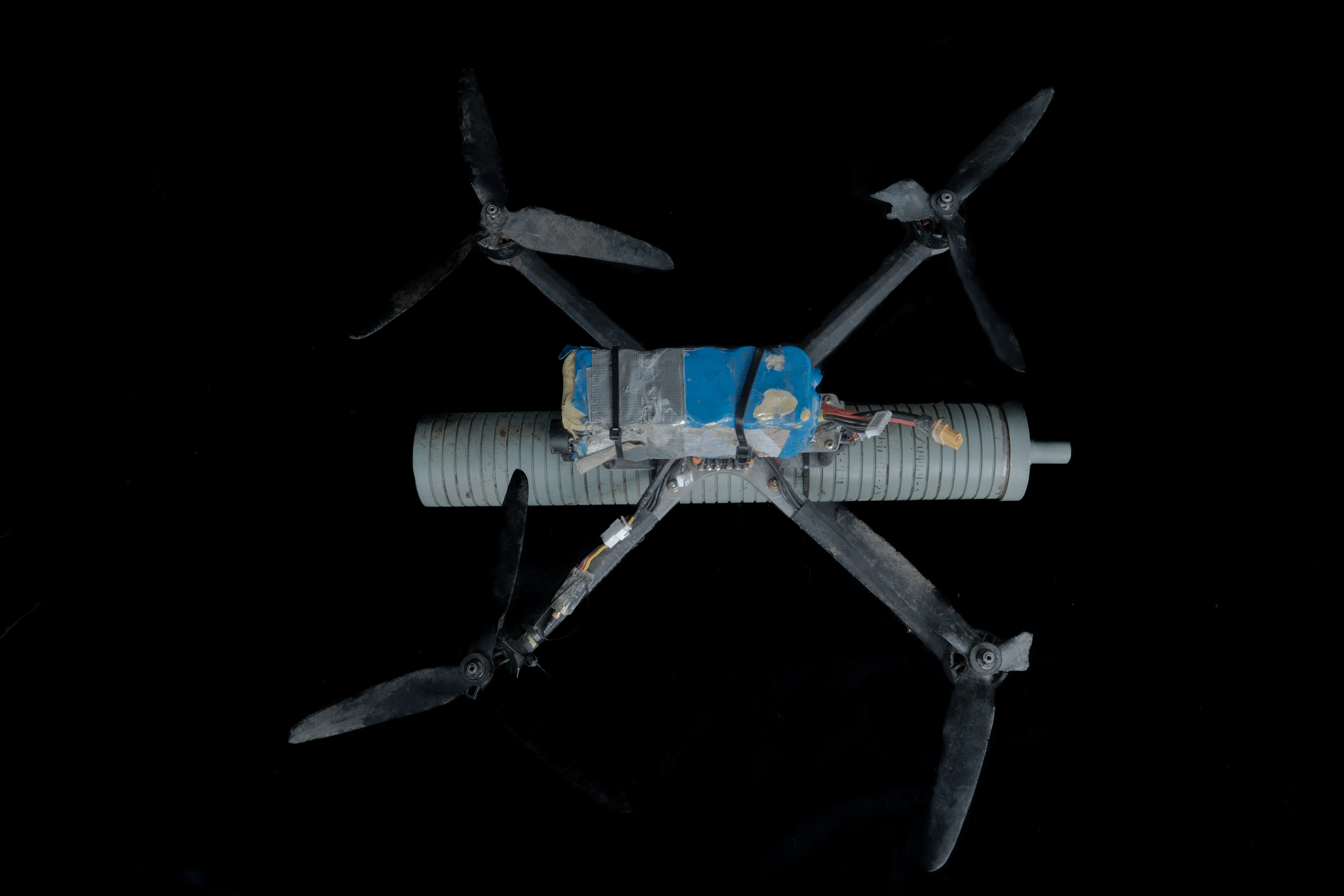 An improvised drone used to deploy explosive devices found in the Kharkiv region, where such drones have become a common source of landmine contamination in recent years. August 3, 2025